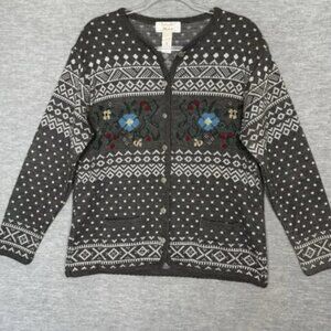 Vintage Tally Ho Sweater Cardigan Nordic Fair Isle Gray Women Size Medium Floral
